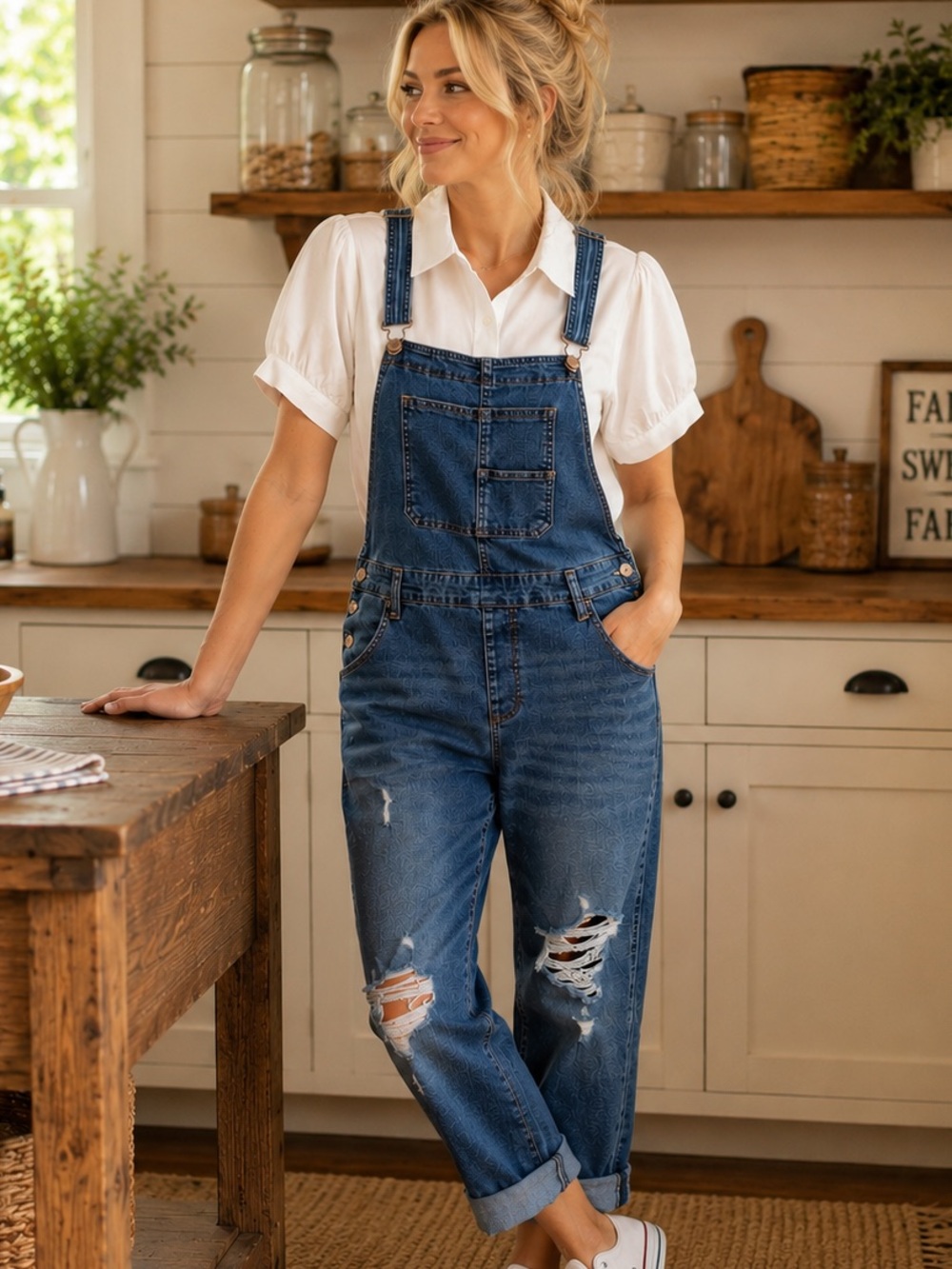 Celebrity Pink Blue Denim Ripped Bib Overalls, Size L